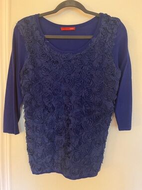 Navy 3/4 Sleeve Rosette Front Scoop Neck Top